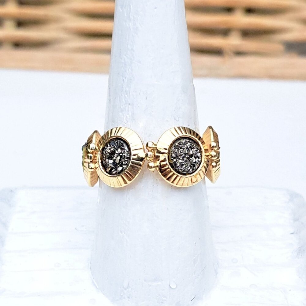 14K Yellow Gold Milor Italy Gray Druzy Medallion Link Ring - Picture 12 of 14